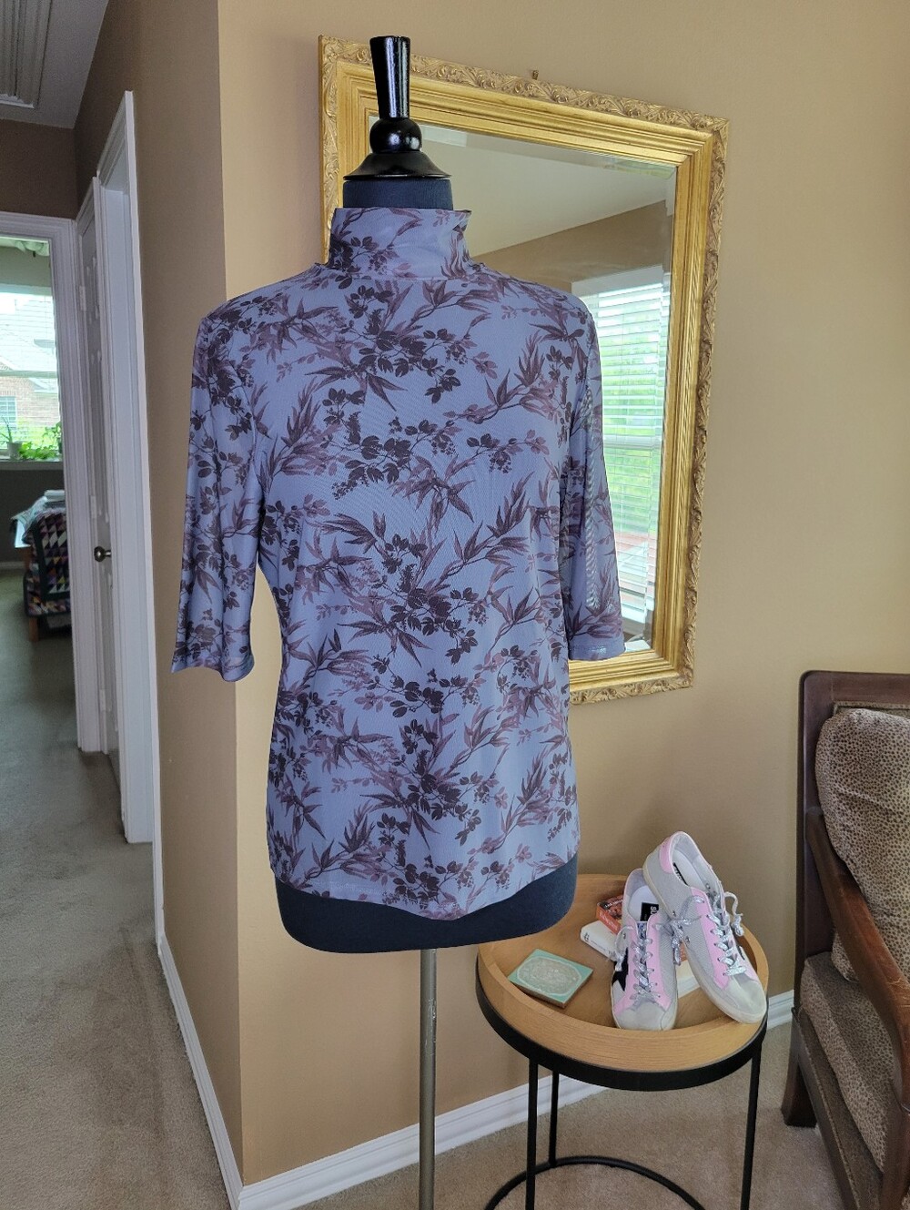 NWT Anthropologie Floral mesh Mock Neck Short Sleeve Tee